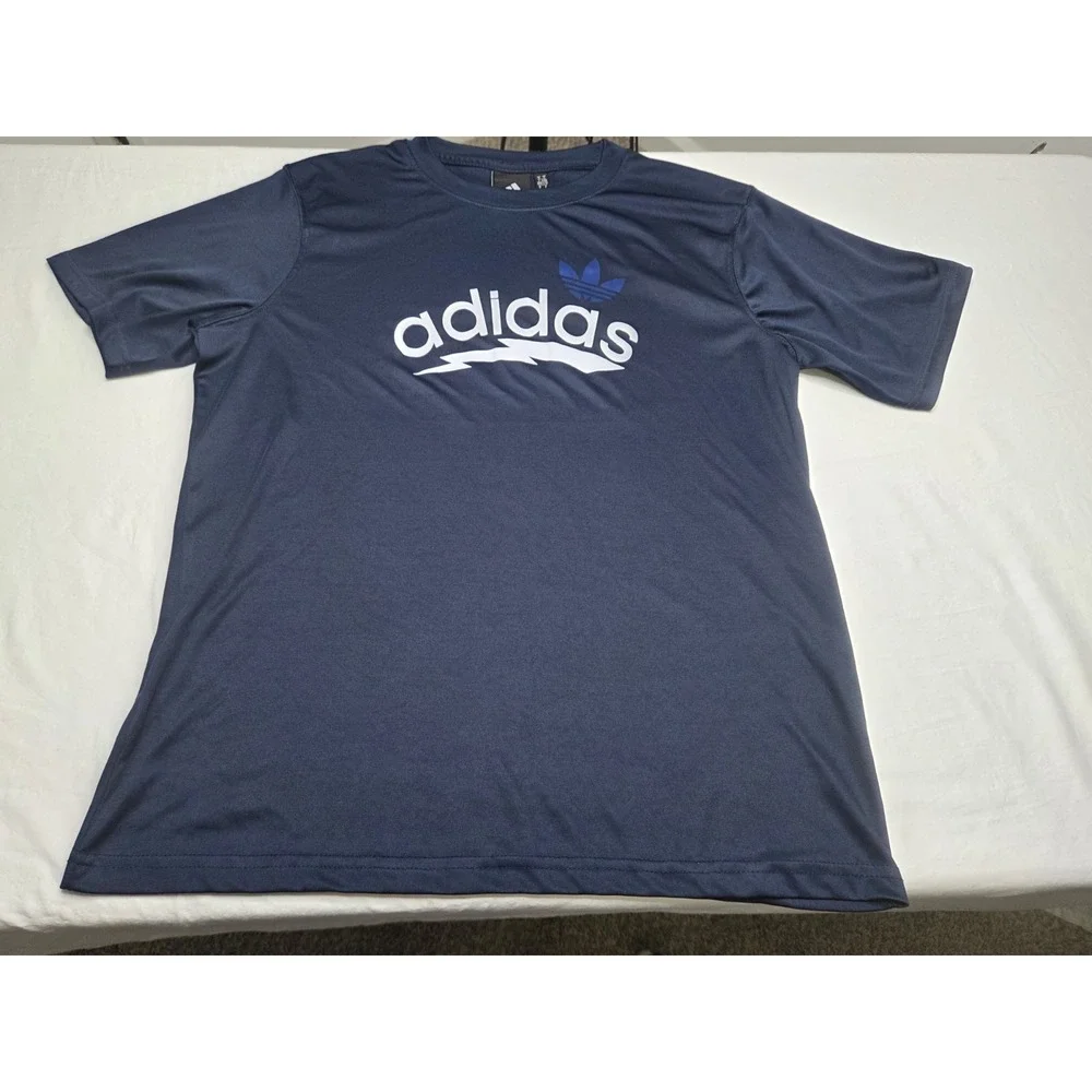 Adidas Mens Shirt Large Blue Trefoil Graphic Logo Short Sleeve Polyester...
